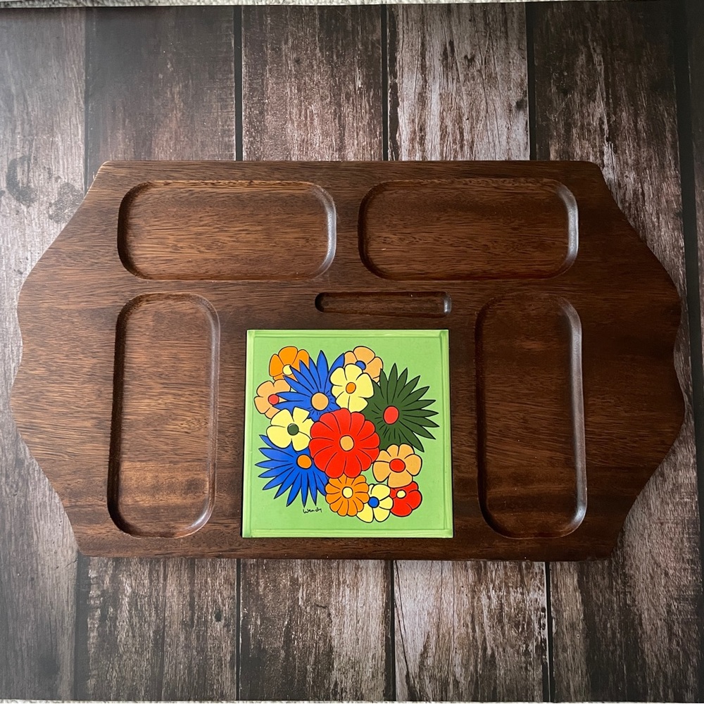 Vintage Japanese Hand Carved Wooden Board Platter With a Square Tile